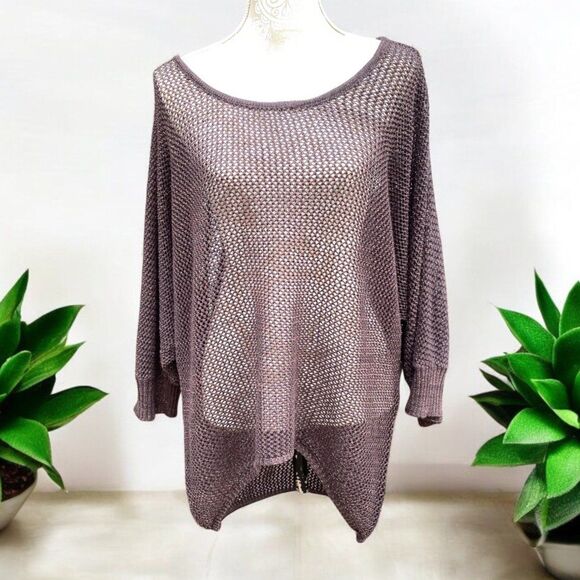 Ashley Steward Plus Sz 22/24 Brown Bronze Metallic Open Knit Pullover Lagenlook - Picture 1 of 10